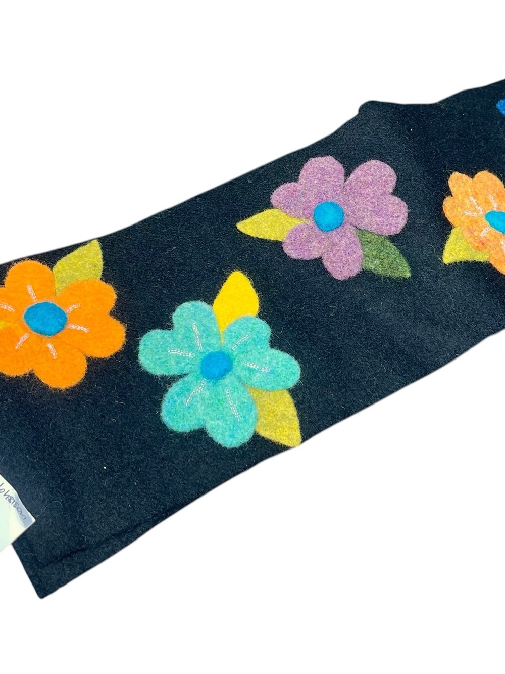 Hand Felted Floral Scarf Black Wool Blend Colorful Flower Appliqué Artisan Boho
